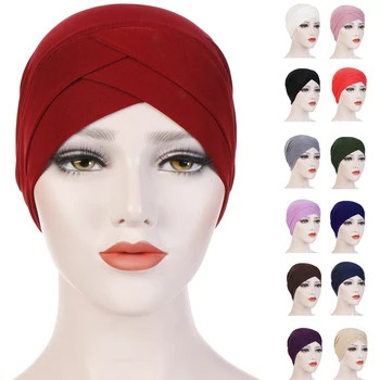 Naujas Mados vientisos spalvos kaktos kryžiaus hijab kepurės moterims, Indija apvyniokite galvą skara Turbaną variklio dangčio ruožas Musulmonų hijabs apatinio dangtelio