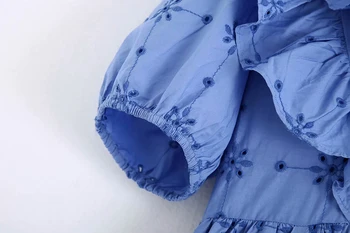 2020 Naujų Rudens Moterų Suknelė Vintage Prarasti Aukšto Juosmens Elegantiškas Tuščiaviduriai Iš Siuvinėjimas V-kaklo Sluoksniuotos Rankovėmis-Line Ilga Suknelė