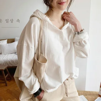 Korėjos Stiliaus 2021 M. Pavasarį Ilgai Rankovės Baltos Spalvos Bliuzoną Ponios Prarasti Japonijos Streetwear Medvilnės Hoodies Moterims