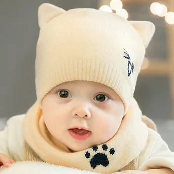 2vnt/Komplektas Baby Skrybėlę, Šaliką Su Ausų Megzti Šiltas Animaciją Kačių Naujagimį Berniuką Mergina Skrybėlę Bžūp Žiemos Skrybėlę Kepuraitė Šalikai Tinka