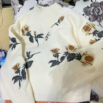 SLLSKY Trumpas Gėlių Siuvinėjimas Moterų Megztinis 2020 M. Žiemos Derliaus Naujas Out Dėvėti Megztinį korėjos Studentų paaukštintu liemeniu Puloveriai