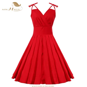 SISHION 2021 Seksualus Spageti Dirželis Medvilnės Juoda Raudona Moterų Suknelė Plius Dydis VD1527 50s 60s Linijos Šalies Roko Retro Vintage Suknelė