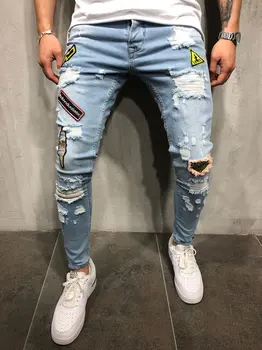 Naujas Vyrų Suplėšyti Džinsai Ženklelis Siuvinėjimo Etiketės Mados Koja Tendencija Džinsai Streetwear sugadintas ilgas kelnes 2021 m. Pavasarį