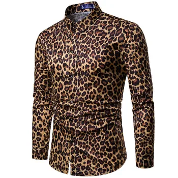 WSGYJ Prekės ženklo Vyrai Tendencija naktinis klubas Leopardas Spausdinti Marškinėliai Aukštos Kokybės ilgomis Rankovėmis Atsitiktinis Marškinėliai Vyrų Socialinės Šalis Marškinėliai Chemise