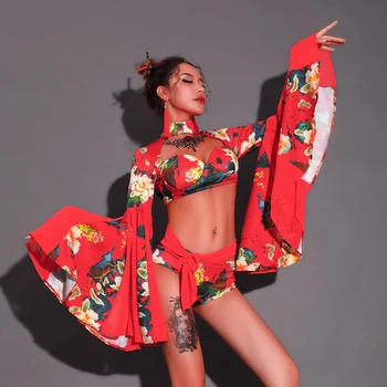 Kinų Stiliaus Atlikti Kostiumai Seksualus Naktinis Klubas Gėlės Modelis Dj Pirmaujančių Šokėja Plačios Rankovės Temperamentas Viliojanti Kostiumai