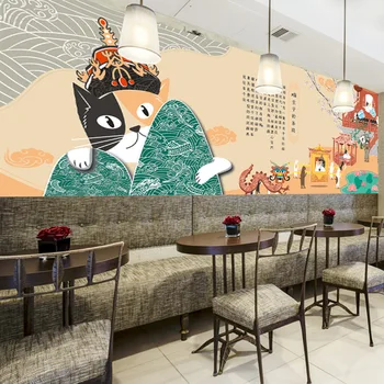 Japonų stiliaus vėjo pasisekė katė ramen užkandis suši restoranas tapetai ranka-dažytos animacinių filmų Japonų restoranas tapetai, freskos
