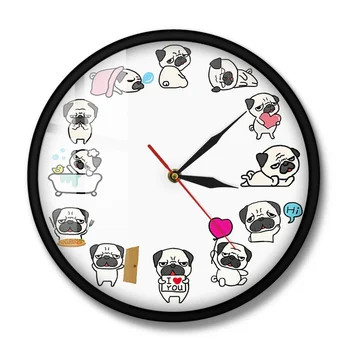 Animacinių Filmų Pug Šunų Kasdienis Gyvenimas Sieninis Laikrodis Šunų Mylėtojas Namų Dekoro Ne Tiksi Sieninis Laikrodis Šuns Veislė Pet Shop Sienos Meno Laikrodis Laikrodis