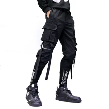 Hip-Hop Vyrų Juostelės Krovinių Kelnės Mados Harajuku 2020 Naujas Elastinga Juosmens Atsitiktinis Streetwear Mens Poilsiu Kelnės Juoda