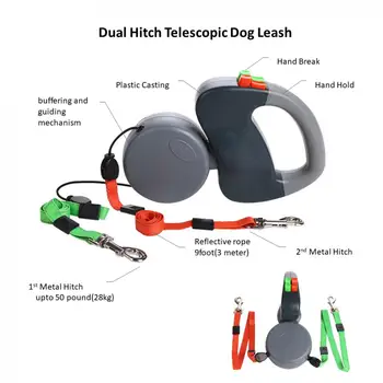 Pet lauko traukos virvės šuo traukos virvė, automatinė teleskopinės vaikščiojimo dvigubos traukos šuo traukos virvės anti-vynioti virvę šuo