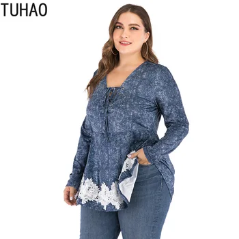 TUHAO 2020 Plus Size 5XL 3XL 4XL MOTERŲ Palaidinė Marškinėliai Didelio Dydžio Atsitiktinis Viršūnių Pavasario Nėrinius, Drabužių Femininas Blusas didelis dydis WM80