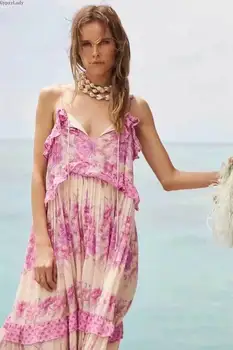 GypsyLady Derliaus alyvinis, rožinis Strappy Suknelė Pinikai kaklo Vasaros Suknelės Rankovių Prašmatnus ilgai boho Suknelė Moterims 2020 paplūdimio suknelė