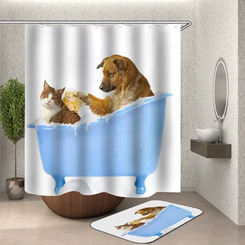 Fat cat dantų valymas 3D Poliesterio Audinio, Vonios kambarys, Vonia Užuolaidos Vandeniui Cortinas Kablys Originali juokinga, vonia, dušo užuolaidos