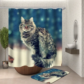 Fat cat dantų valymas 3D Poliesterio Audinio, Vonios kambarys, Vonia Užuolaidos Vandeniui Cortinas Kablys Originali juokinga, vonia, dušo užuolaidos