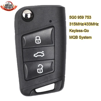 KEYECU MQB Sistema, Keyless-Go 315MHz AR 434Mhz ID48 Smart Remote Key 3 Mygtuką Volkswagen Golf 7,Tiguan-2018 m. 5G0 959 753