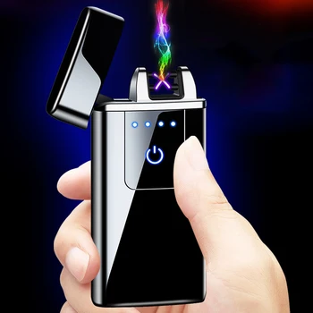 Touch Dual Lanko Lengvesni Elektroninių USB Įkrauti Cigarečių Degiklio Rūkymas Elektros Lengvesni Vėjo Metalo Plazmos Žiebtuvėliai Dovana