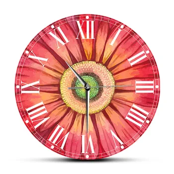 Raudona Watercolour Gerbera Daisy Dažai Didelis Sieninis Laikrodis Žiūrėti Saulėgrąžų Gėlių Raštas Horologe Kambarį Apdailos Išjungti Laikrodžiai