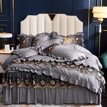 Naujas produktas plauti šilko lova sijonas keturių dalių komplektas vientisos spalvos antklodė padengti lakštai princesė nėrinių lova padengti keturių dalių komplektas