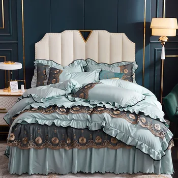 Naujas produktas plauti šilko lova sijonas keturių dalių komplektas vientisos spalvos antklodė padengti lakštai princesė nėrinių lova padengti keturių dalių komplektas