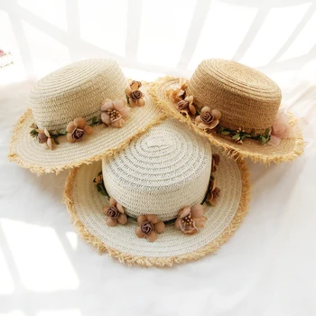2019 m., Tėvų-vaikų, moterų skrybėlę nuo saulės skrybėlę Panamos stiliaus Skydelis mergina skrybėlę Su gėlėmis lankas šiaudų kutas skrybėlę, Sulankstomas Juostelės bžūp Mujer