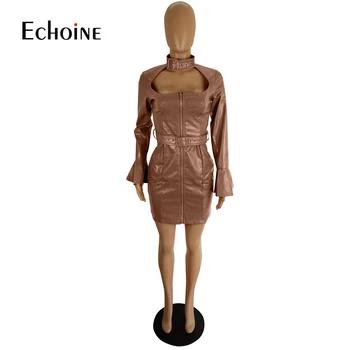 Echoine Moteris Rudens-Žiemos Kietas PU Mini Suknelė Seksualus Clubwear Žemų dažnių Aikštėje Apykaklės Sudegintasis Rankovėmis Varčias Užtrauktukas Bodycon Suknelės