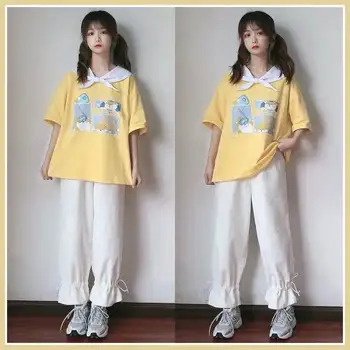 Mados Vasaros Japana Mielas Animacinių Filmų Marškinėliai Moterims Geltona Pusė Rankovėmis Marškinėliai Harajuku Prarasti Viršūnes Moterų Marškinėlius Streetwear Mergaitės