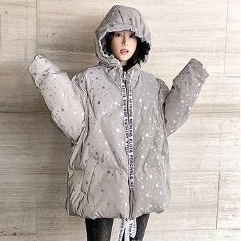 2020 Mados Naujų žiemos žemyn medvilnės paltai moterims gobtuvu Atspindintis prarasti Viršutiniai drabužiai puffer Coat Žiemą Atspindinti Šiltas Kailis Striukė