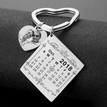Asmeninį Kalendorių Keychain Pasirinktinius Nuotraukų Išgraviruota Data Širdies Paketų Prižiūrėtojų Raktinę Nerūdijančio Plieno Poros Vestuvės Juvelyrika Dovana