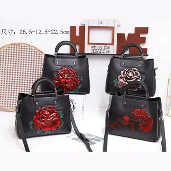 Natūralios odos krepšiai moterų nešti maišą kinų stiliaus moterų rankinės gėlių raštas karvės odos pečių krepšiai