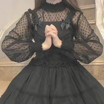 Pavasarį Japonijos Lolita Girl Patinka Nėriniai Long Sleeve Top Šviežias saldus lolita top kawaii girl peter pan apykaklės gothic lolita marškinėliai