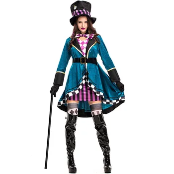 Suaugusiųjų Moterų Praleisti Mad Hatter Fancy Dress Helovinas Gotikos Deluxe Ponios Alice in Wonderland Cosplay Išgalvotas Suknelė