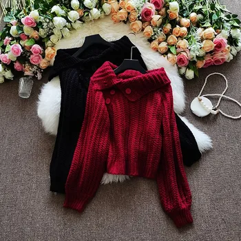 2020 m. rudens žiemos naujas Prašmatnus moterų velniop kaklo mygtukus žibintų rankovės megztos palaidinės apačioje moterų prašmatnus trikotažo megztinis