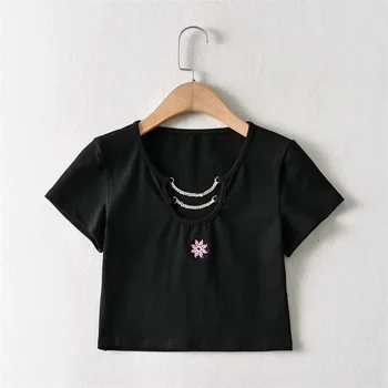 Moterų Siuvinėjimo Saulės Priekiniai Grandinės Išsamiai Pasėlių T-shirt Trumpas Rankovėmis Tinka Pasėlių Viršų