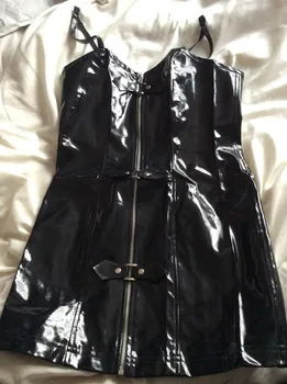 Seksualus wetlook oda moterų clubwear drabužiai suknelė su užtrauktuku priekyje steampunk juoda PVC oda catsuit gotikos suknelė dėvėti fetišas