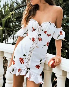 Moterų Vasaros Suknelė 2020 Nėrinių Stebėjimo Off Peties Seksuali Suknelė Trumpomis Rankovėmis Atostogų Gėlių Spausdinti Pynimas Paplūdimio Suknelė Balta