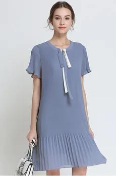 2018 m. Vasaros stiliaus moteris sulankstyti plisuotos šifono suknelė trumpomis rankovėmis, svogūnai apykaklės elegantiška suknelė atsitiktinis vestidos plius dydis M-XXXXXL