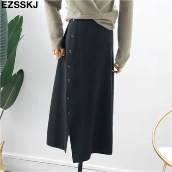NAUJAS prašmatnus Megzti mygtuką pavasarį, rudenį mezgimo sijonas moterims, moterų aukšto juosmens atsitiktinis-line sijonas moterų ilgas sijonas kietas