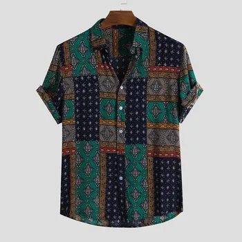 Vyrų Marškinėliai Etninės Atspausdinta Marškinėliai Vasaros Retro Vintage Streetwear Trumpomis Rankovėmis, Laisvi Mygtuką Viskozė Palaidinė Chemise Homme Camisa