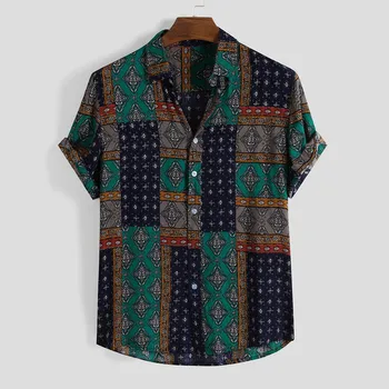 Vyrų Marškinėliai Etninės Atspausdinta Marškinėliai Vasaros Retro Vintage Streetwear Trumpomis Rankovėmis, Laisvi Mygtuką Viskozė Palaidinė Chemise Homme Camisa