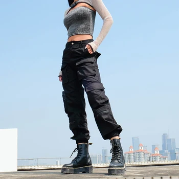Harajuku Punk Juoda Krovinių Kelnės Capri Laisvalaikio Aukšto Liemens Kelnės Moterims Kietas Gotikos Ponios Kelnės Kišenės Streetwear