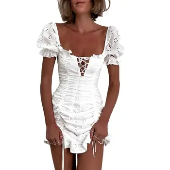 Balti Nėriniai Moterų Cottagecore Boho Suknelė Paplūdimio Atostogų Mini Suknelė Naują Kvadratinių Kaklo Raišteliu Suknelė Moterų Vestidos Cottagecore
