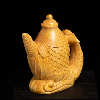 Boxwood 8cm Karpis Arbatinukas Skulptūra Feng Shui Medžio masyvo Turtingas Arbatinukas Pasisekė Žuvų Gyvūnų Statula Arbatos Ceremonija, Namų Dekoro