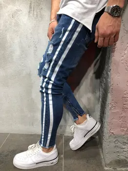 Naujas Vyrų Slim fit Kelio Skyles hip-hop liesas džinsus mados Pusėje balta juostele Nelaimę Kankina Ruožas Streetwear Džinsinio audinio kelnės