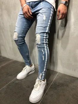 Naujas Vyrų Slim fit Kelio Skyles hip-hop liesas džinsus mados Pusėje balta juostele Nelaimę Kankina Ruožas Streetwear Džinsinio audinio kelnės