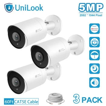 UnilLook 5MP Kulka IP Kameros 3PCS Onvif POE integruotas Mikrofonas SD Kortelės Lizdas IR 30m Apsaugos Kamera, Lauko IP 66 H. 265 ONVIF