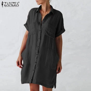 ZANZEA 2021 Elegantiškas, Kietas Suknelė Moterų Marškiniai Sundress Vasaros Atsitiktinis Trumpas Rankovės Vestidos Moterų Mygtuką Skraiste Femme Plius Dydis