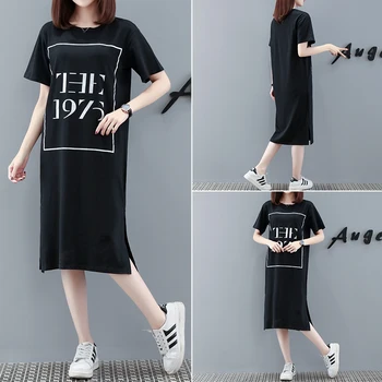 Korėjos Plius Dydis M-4XL Vasaros Suknelė Moterims trumpomis Rankovėmis Raides, Print T-shirtdress Atsitiktinis 