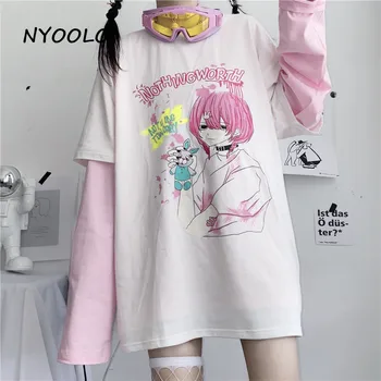 NYOOLO 2020 m. Rudens Anime ir animacinių filmų mergina nieko verta raidžių spausdinti padirbtus 2 gabalas patchwock long sleeve T-shirt moterims, Puloveriai viršų