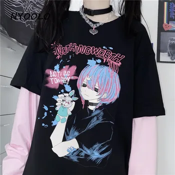NYOOLO 2020 m. Rudens Anime ir animacinių filmų mergina nieko verta raidžių spausdinti padirbtus 2 gabalas patchwock long sleeve T-shirt moterims, Puloveriai viršų