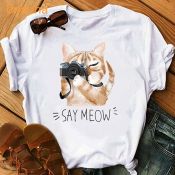 Juokingi Kačių/Šunų/Lokys t shirt moterims, Spausdinimo mados trumpas rankovės atsitiktinis baltos Viršūnės mielas animacinių filmų t-shirt moterims, estetinės marškinėlius medžiaga