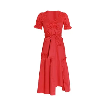 SISPELL trumpomis Rankovėmis Suknelės Moterų V-Kaklo Aukštos Juosmens Lieknėjimo Nėrinių Bowknot Moterų Elegantiška Suknelė Mados Banga 2021